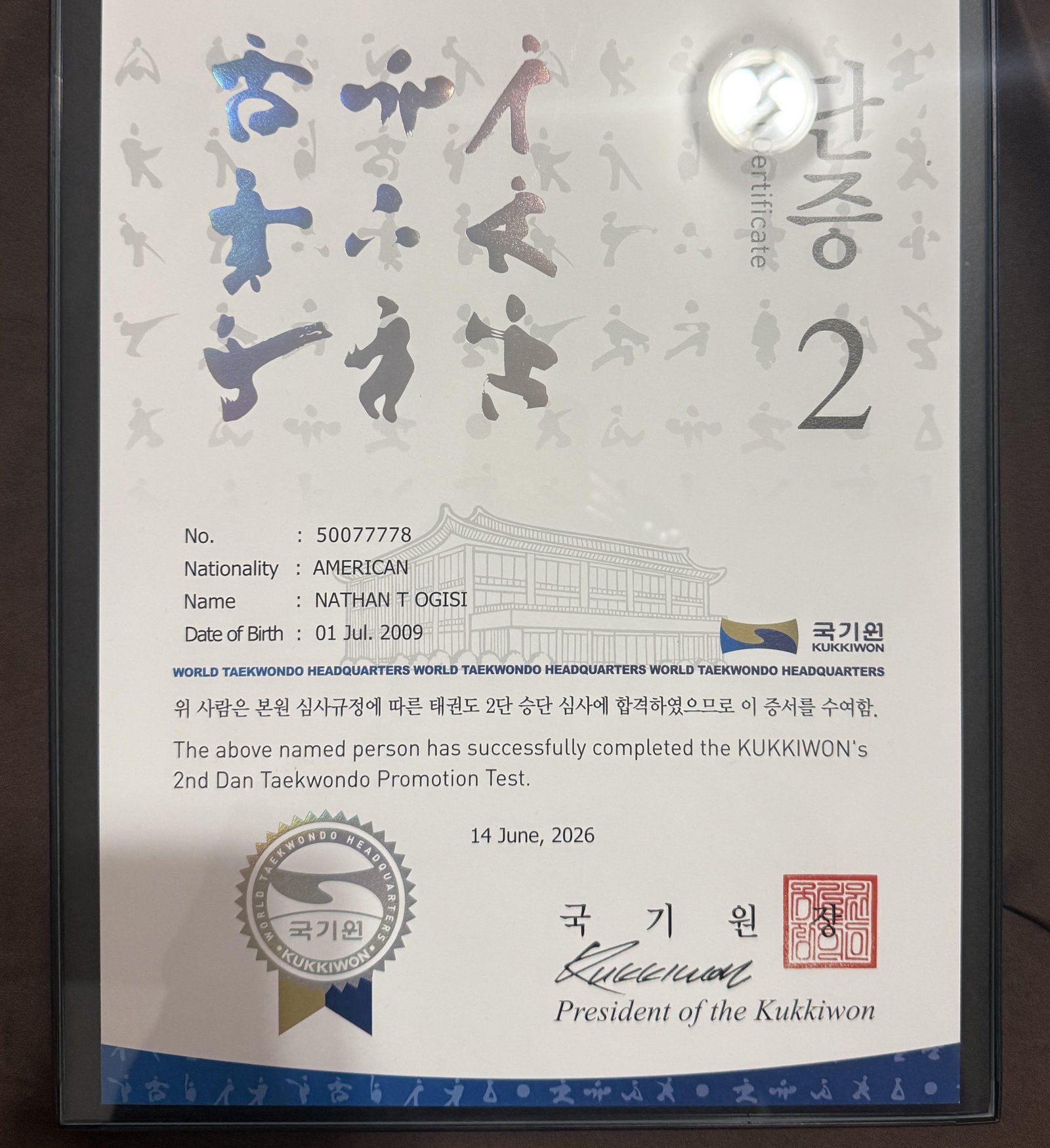 Taekwondo 2nd Degree Black Belt Certification.
